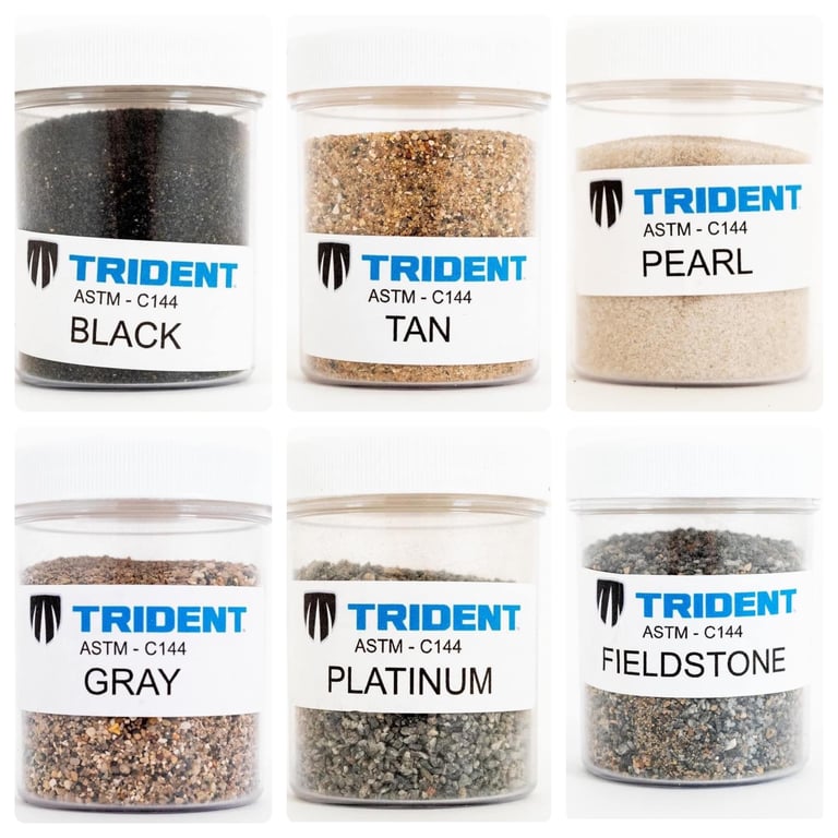 Six TRIDENT ASTM-C144 sand color samples: Black, Tan, Pearl, Gray, Platinum, and Fieldstone in clear containers