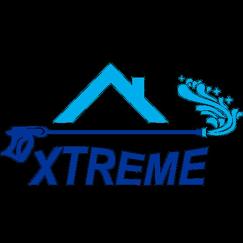 Xtreme logo featuring a blue house roof outline with a water spray gun and decorative water design on a black background