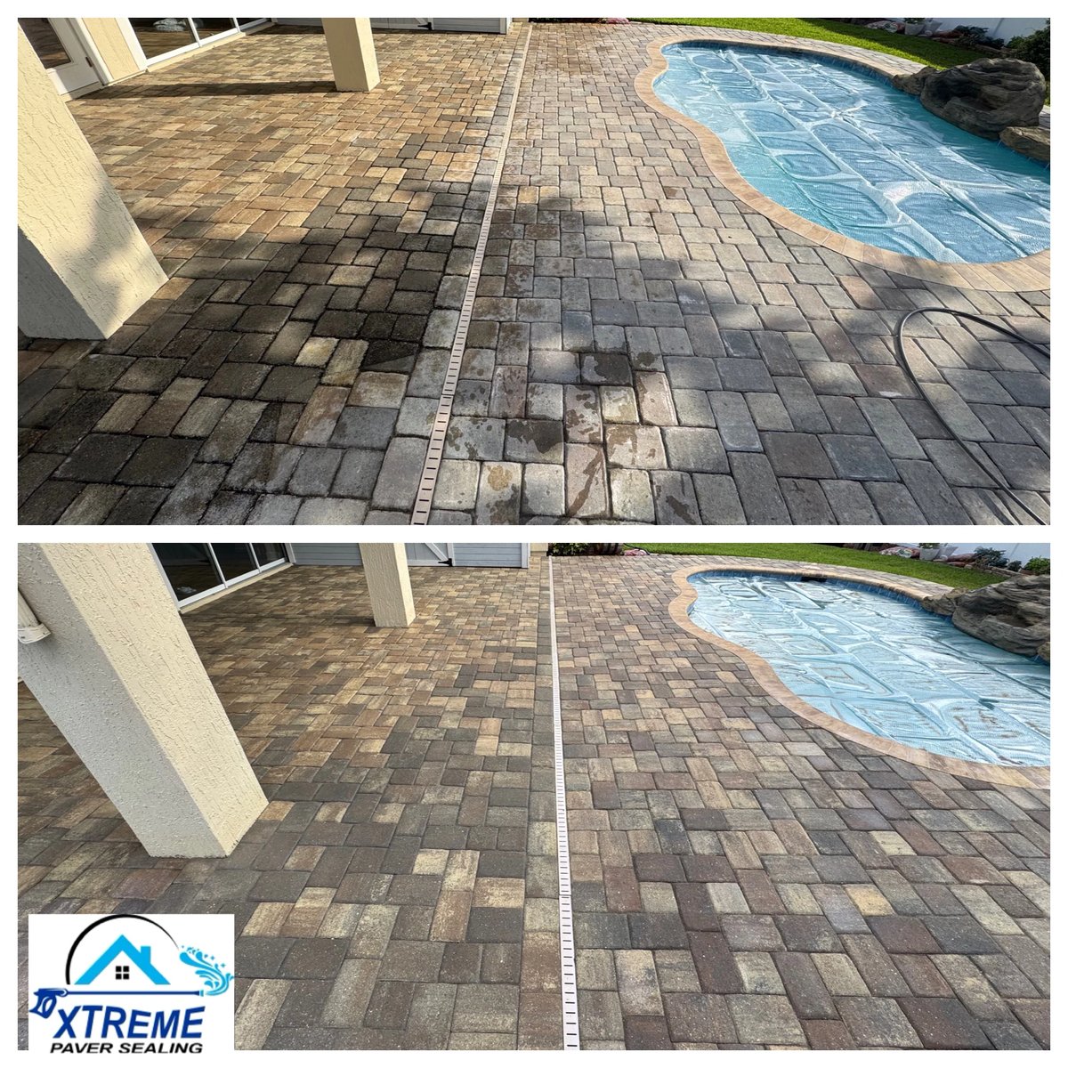 Before and after driveway cleaning showing paver surface transformation from dirty to clean condition