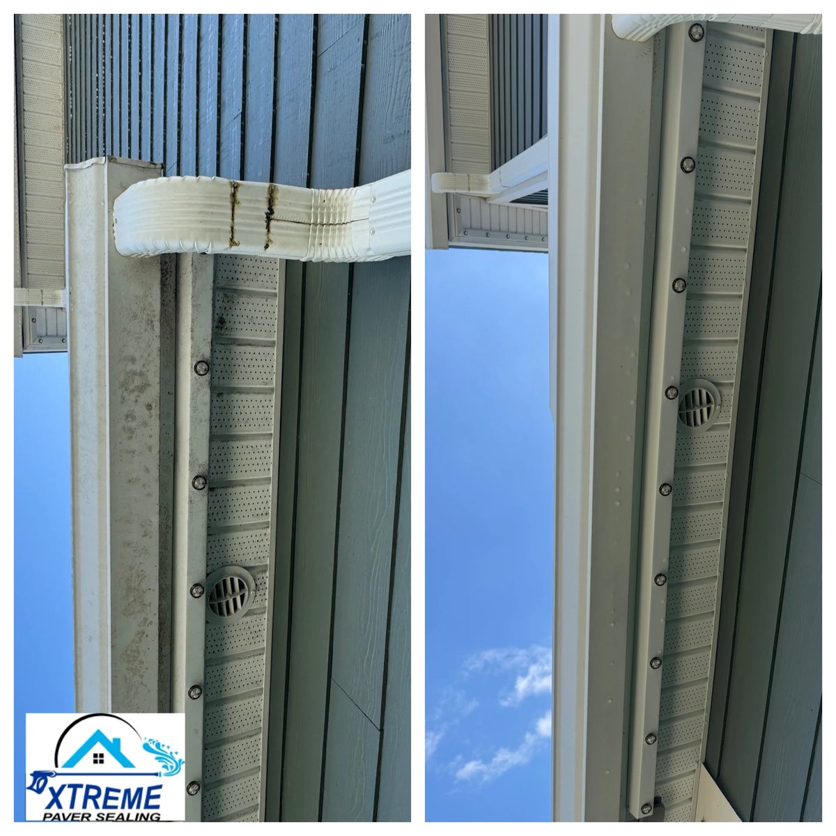 Before and after comparison of exterior caulking and weatherstripping installation on vertical siding and window frame